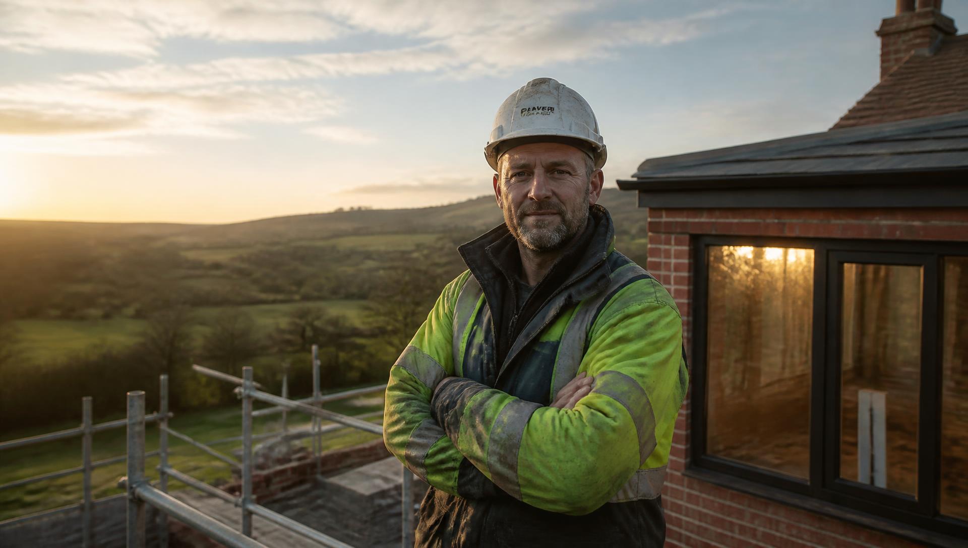 A trade professional standing proudly beside a completed project in the British countryside
